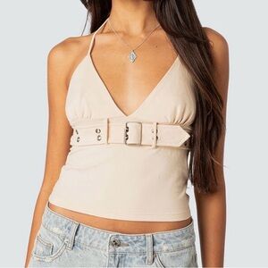 Edikted Cream V-Neck Halter Top with Belt